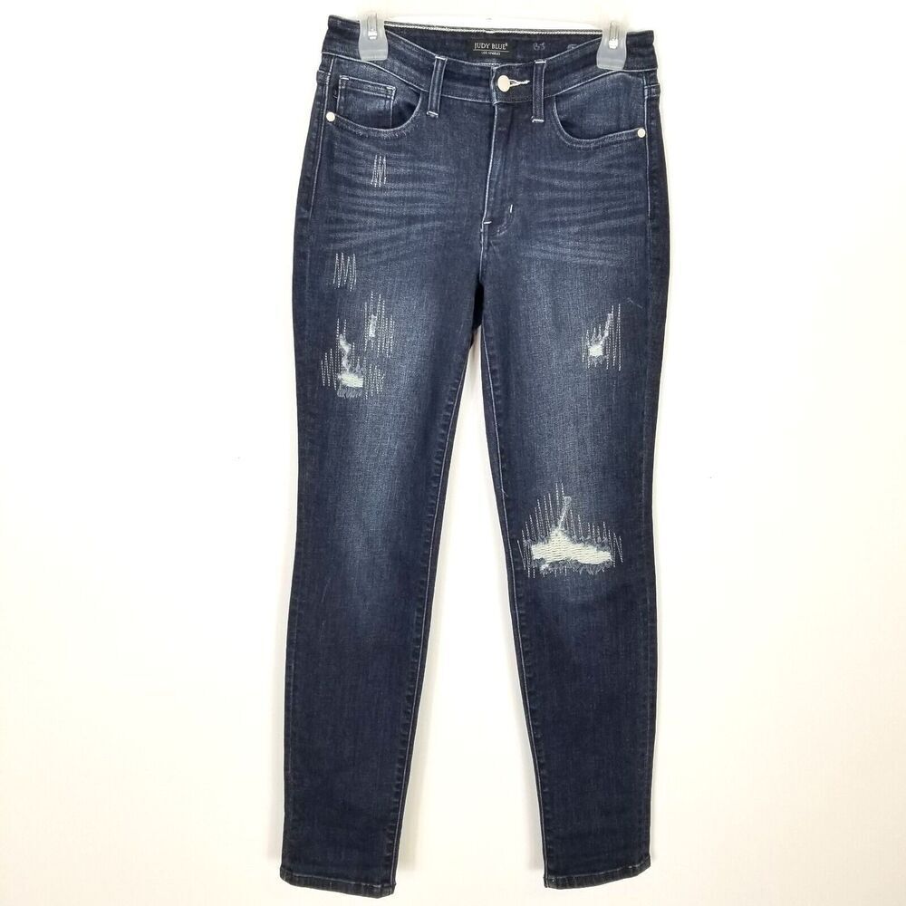 Judy Blue Women Boyfriend Fit Stretch Jeans Sz 26 Blue Distressed Denim High‎